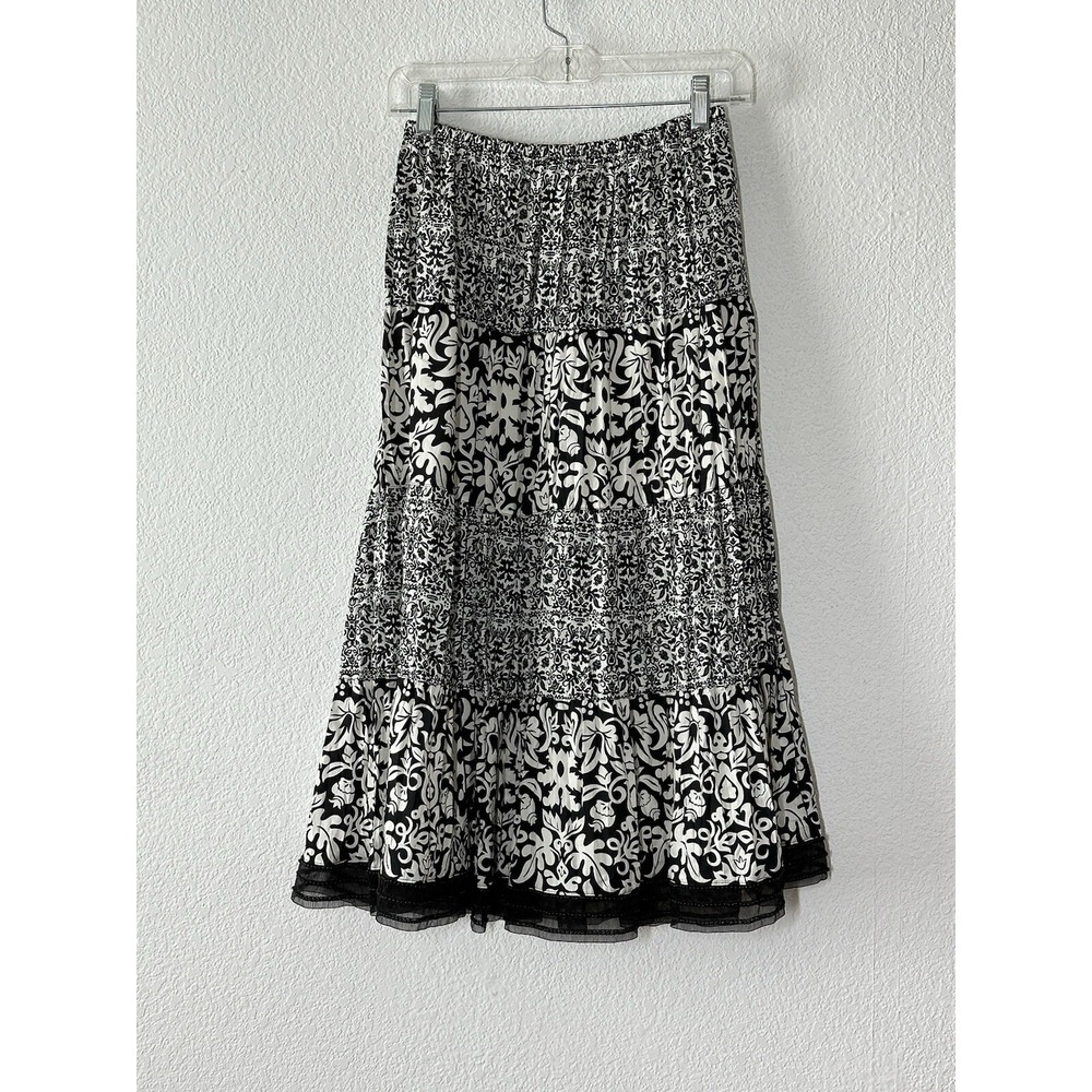 WHBM  Womens XS Silk Midi Skirt Black/White Lined Tiered Lined Flowy Boho 25x 30